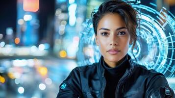 A woman in a black jacket and leather jacket with futuristic technology photo