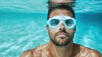 A man wearing goggles and swimming in the water photo