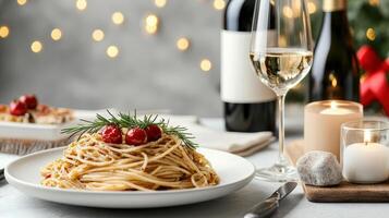 A plate of spaghetti with wine and candles photo
