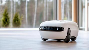 A robot is sitting on a wooden floor photo