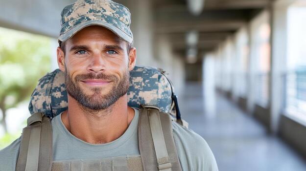 A man in uniform with a backpack photo