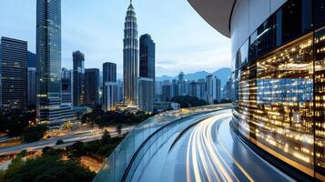 A city skyline with a light trail of cars photo