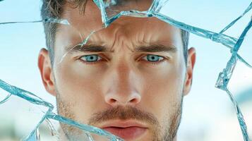 A man looking through a broken glass window photo