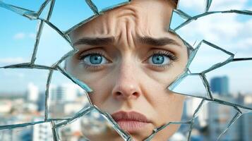 A woman looking through a broken window with a city in the background photo