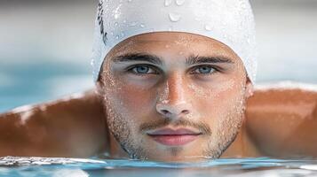 A man in a swimming pool with a white cap photo