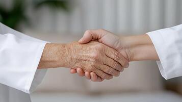 Two people shaking hands in a room photo