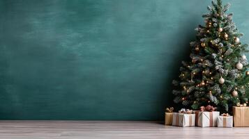 Christmas tree with presents and green wall photo