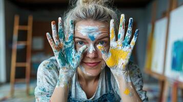 A woman with her hands painted with paint photo