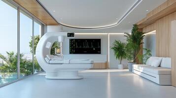 A modern hospital room with a large window photo
