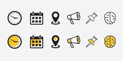 Time, date, pin, brain and address icon set. Calendar, clock, location, remember. Editable stroke. Linear outline illustration vector