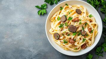 Pasta with mushrooms and parmesan cheese photo