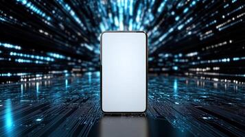 A smartphone is standing in front of a screen with a blue background photo