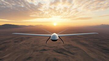 A white drone flying over a desert landscape photo