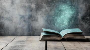 An open book with a glowing green light coming out of it photo