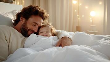 A man and a child are laying in bed together photo