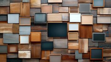 A wall with many different colored wooden frames photo