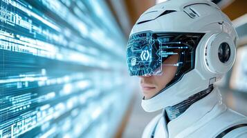A person wearing a futuristic helmet and looking at a computer screen photo