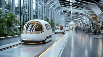 A futuristic electric vehicle is driving down a long hallway photo