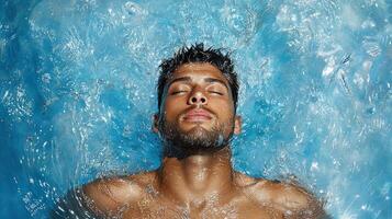A man is floating in the water with his eyes closed photo