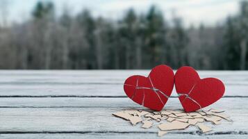 Two broken hearts sitting on a wooden table photo