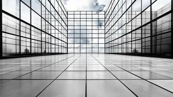 An empty room with large windows and a sky photo