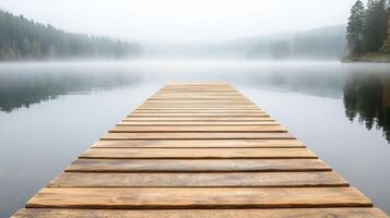 A wooden dock extends into the water on a foggy day photo