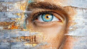 A man's face with a blue eye and a piece of paper photo