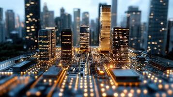 A cityscape with lights on in the background photo