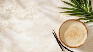 Vanilla bean and coconut milk on a white background photo