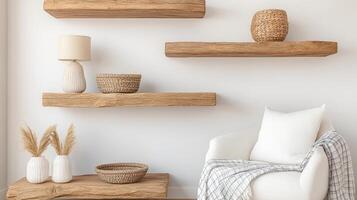 A white chair and a wooden shelf with baskets photo
