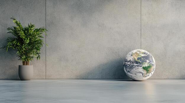 Earth globe in a concrete room with a plant 3d rendering photo