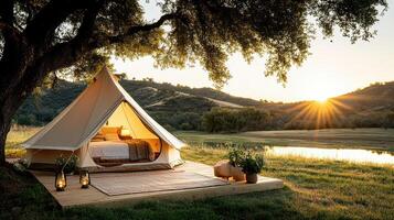A tent with a bed and a table in the middle of a field photo
