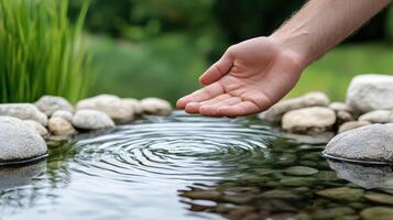 A person's hand reaching out to touch a water fountain photo