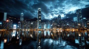 Hong kong skyline at night with clouds and reflection photo