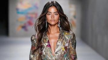 A model walks down the runway wearing a gold and silver dress photo