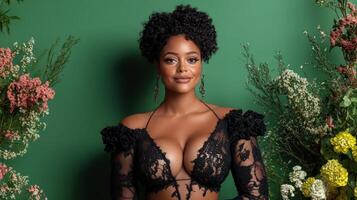 A woman with big breasts standing in front of green flowers photo