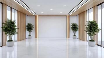 A white hallway with two potted plants photo