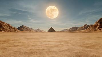 A desert scene with a pyramid and a full moon photo
