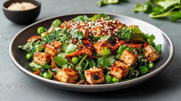 A bowl of vegetables and tofu with sesame dressing photo