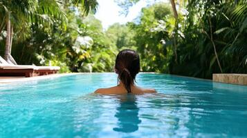 A woman is floating in the pool of a tropical resort photo