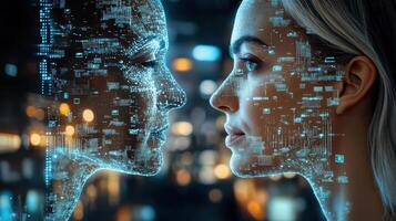 Two women looking at each other with digital faces photo