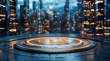 A futuristic city with a futuristic cityscape in the background photo