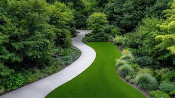 A walkway through a lush green park with trees and grass photo