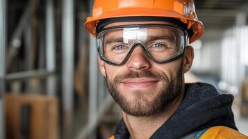 A man wearing a hard hat and goggles photo