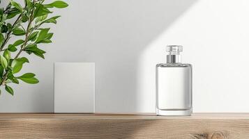 A bottle of perfume and a plant on a wooden shelf photo