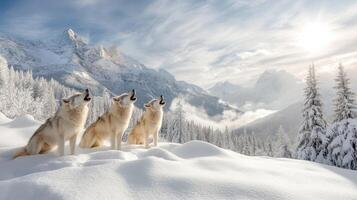Three wolfs howling in the snow photo