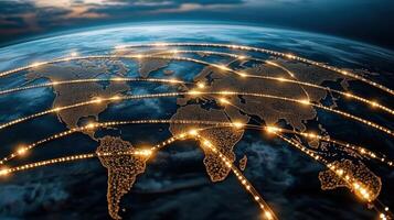 The world is connected by networks and lines, 3d rendering of the earth with network lines and photo