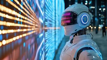 A robot standing in front of a city skyline photo