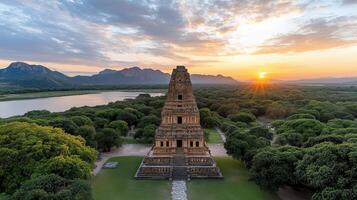 The sun sets over the hindu temple in india photo