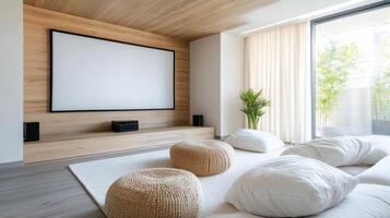 A modern living room with a large screen photo